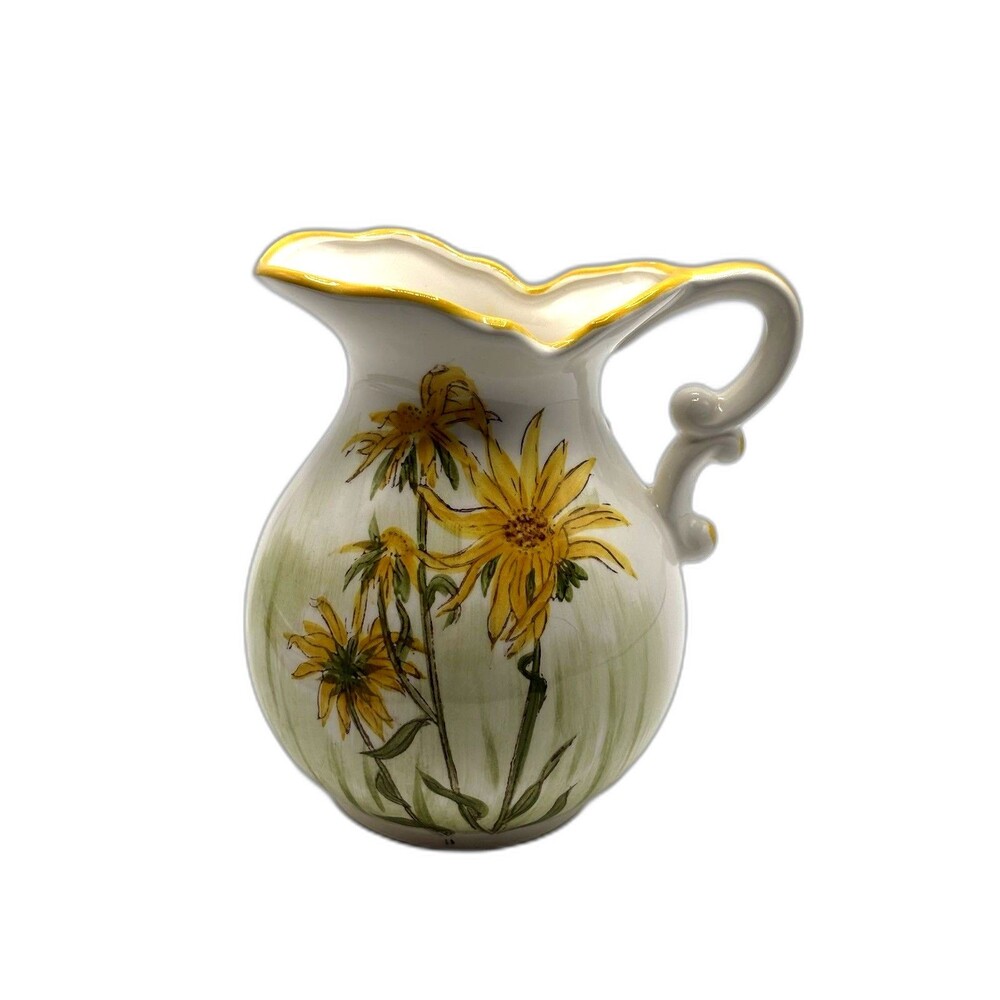 Vintage Enesco Hand painted Ceramic Pitcher White With Yellow Flowers And Green